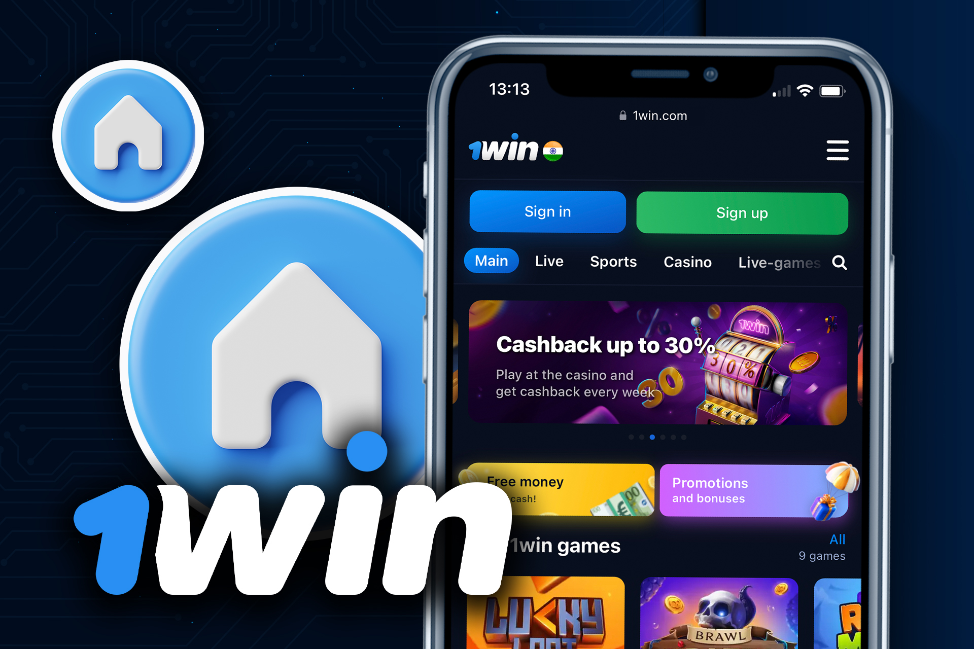 You don't have to download the app, while you can bet via the mobile version of 1win website.