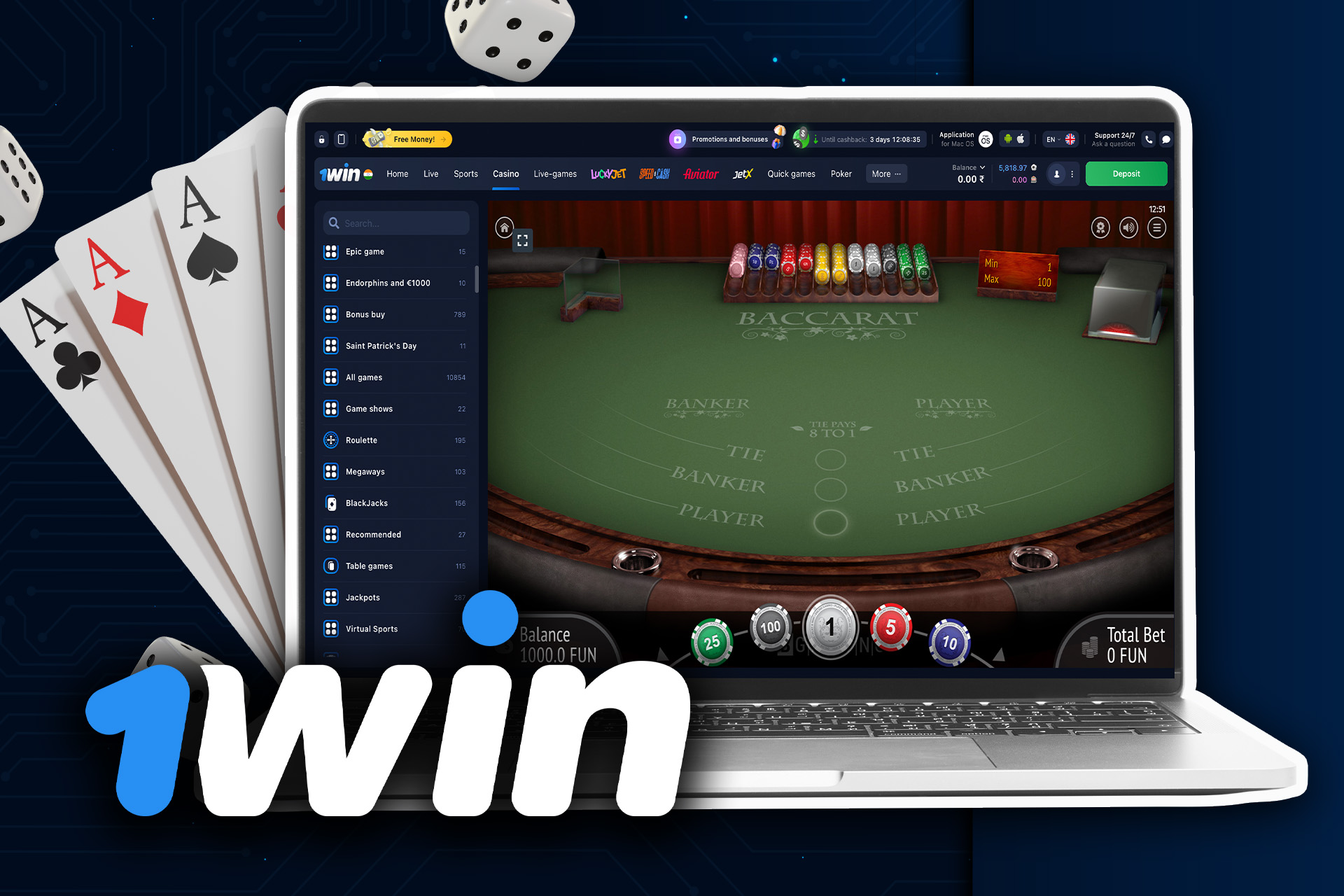 1win also offers to play baccarat - a traditional card game.