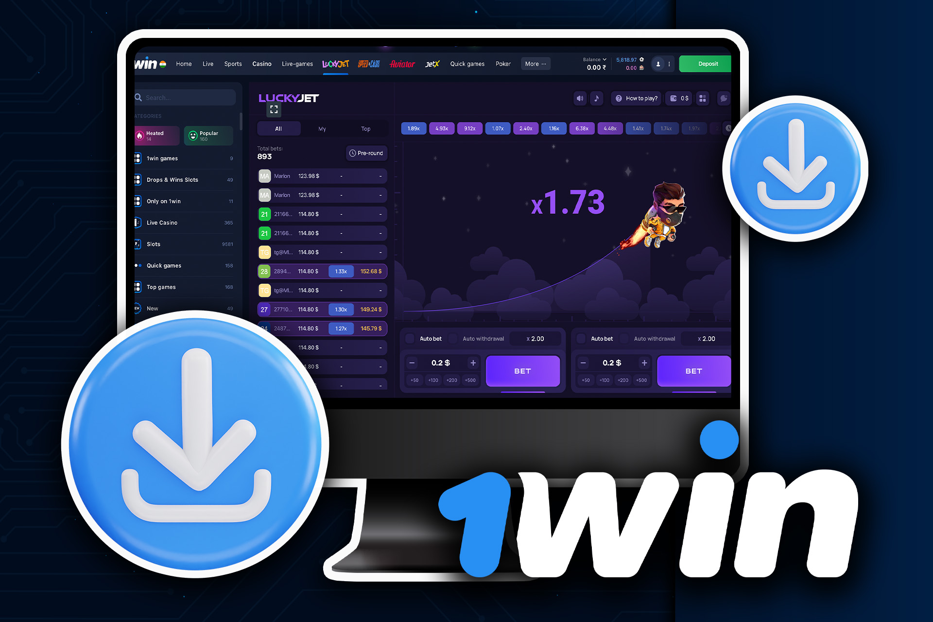 Download the 1win app on your PC or laptop and start playing Lucky Jet.