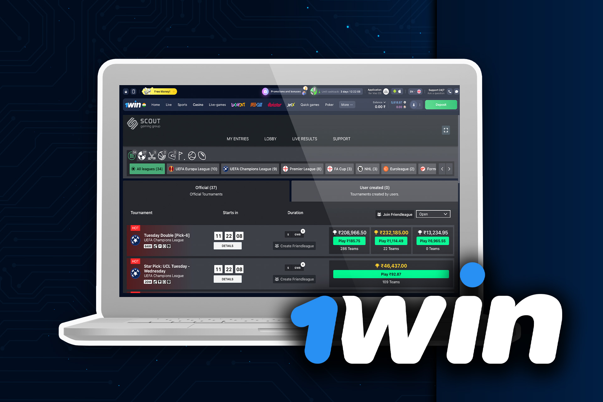 1win also allows betting on the fantasy sports in its app.