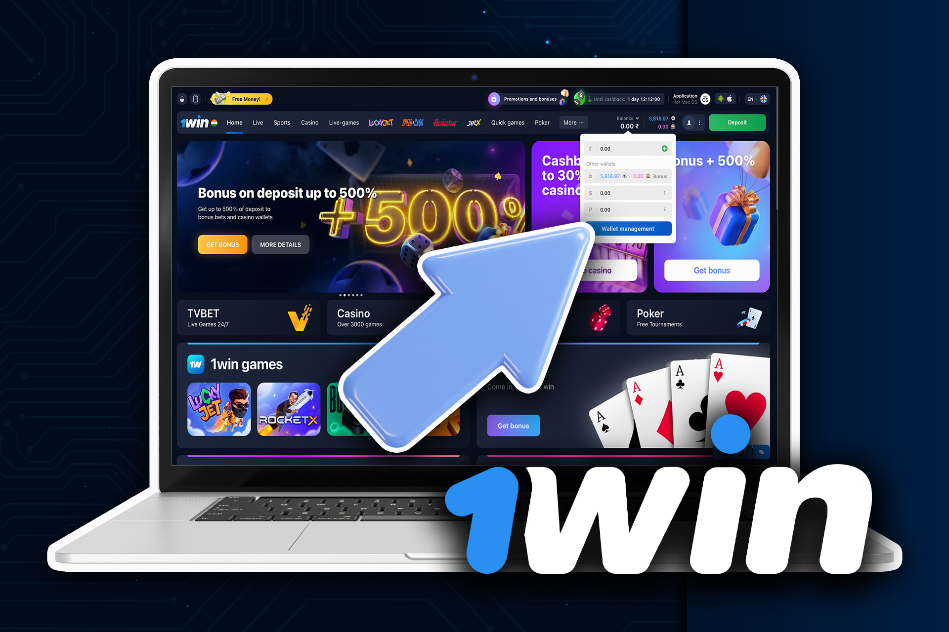 Open the 1win cashier by clicking on the green Deposit button.