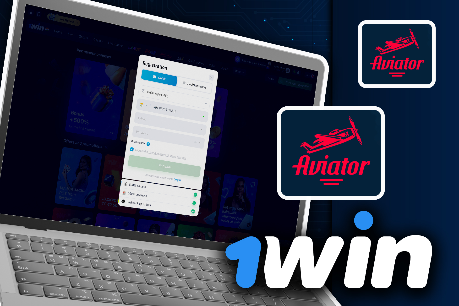 Open the 1win website, log in to your account, top it up and find the Aviator game to start playing.