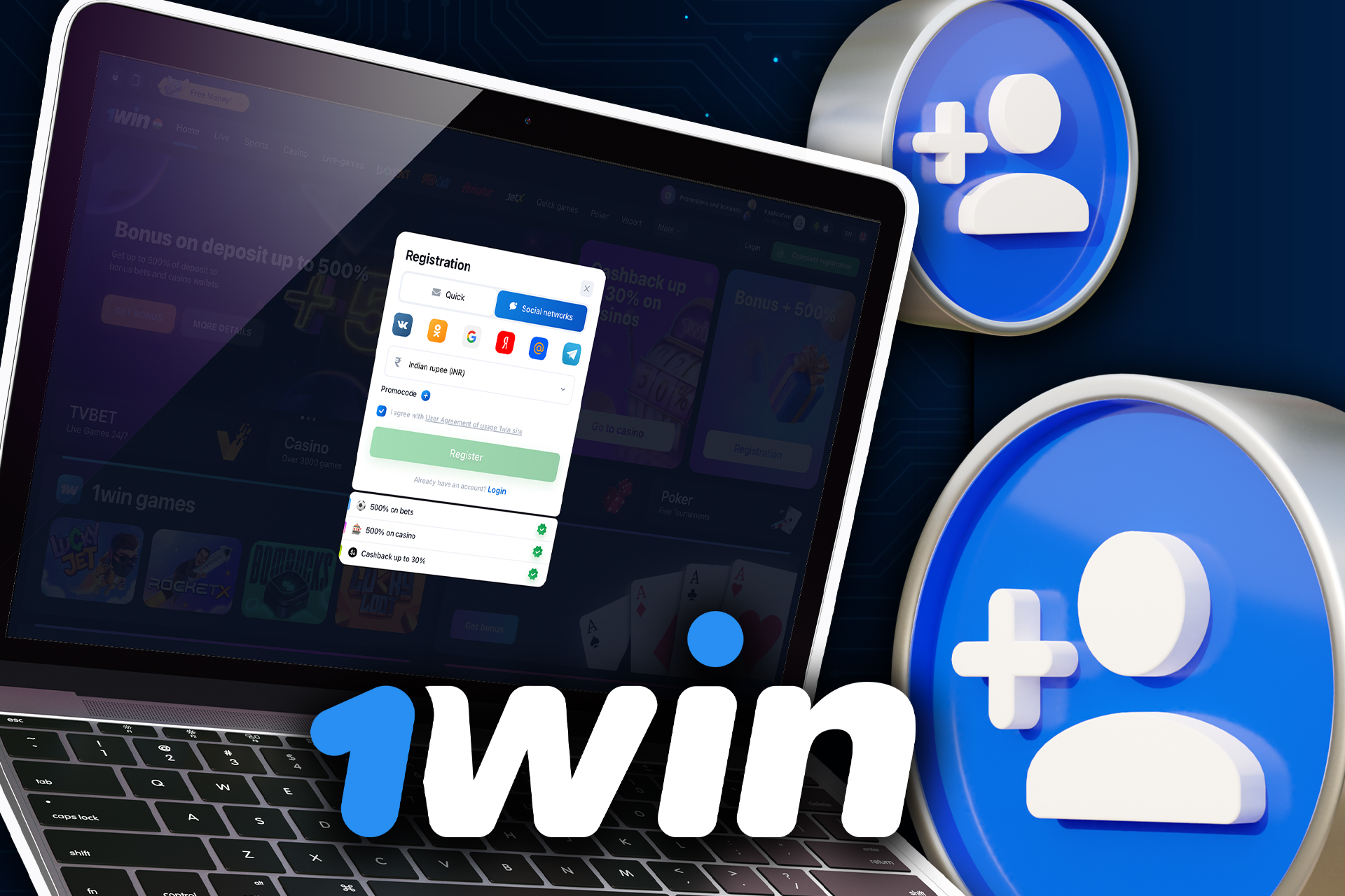 You can also register an account on 1win with the social media.