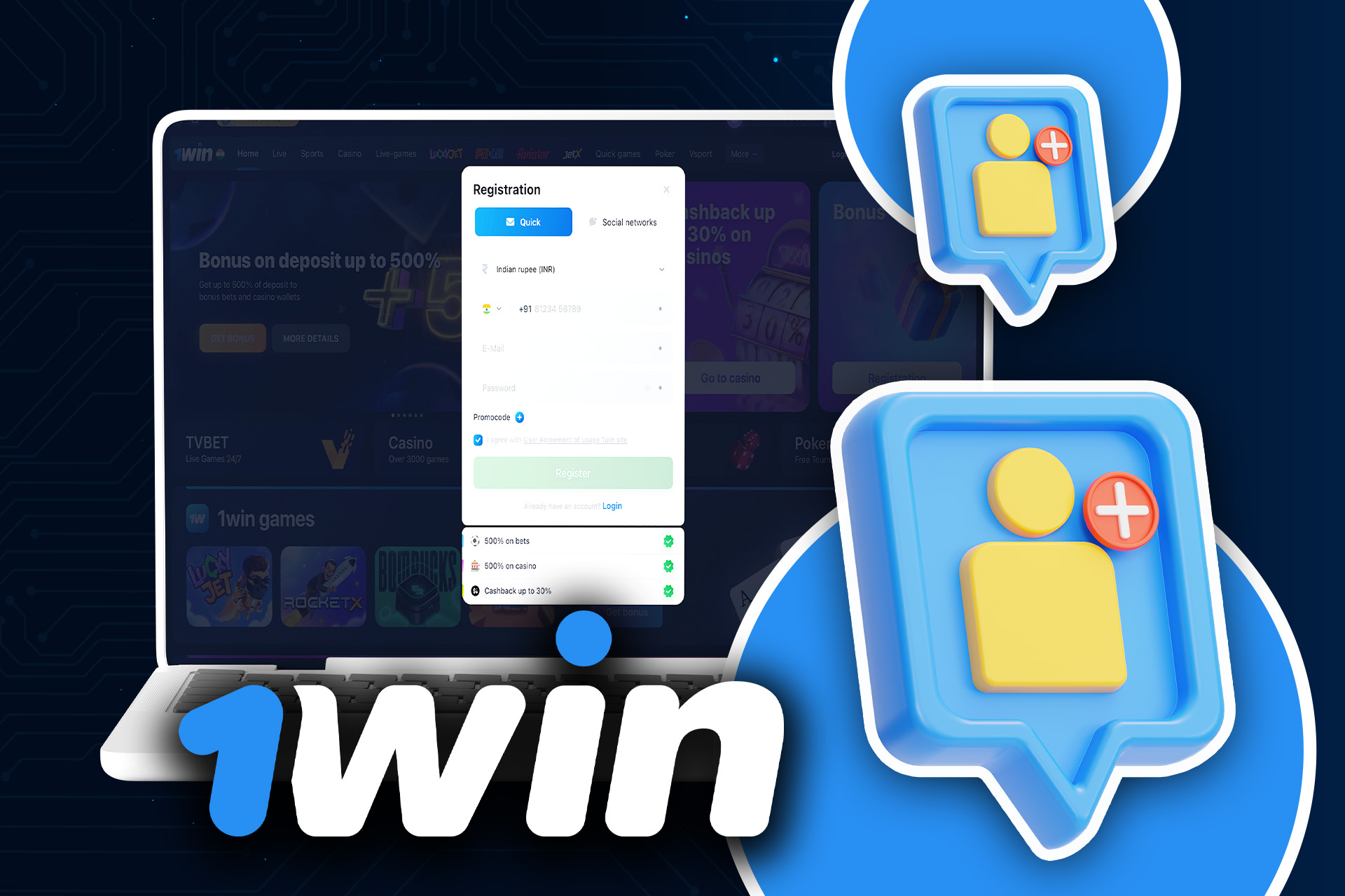 Create your account on the 1win website.