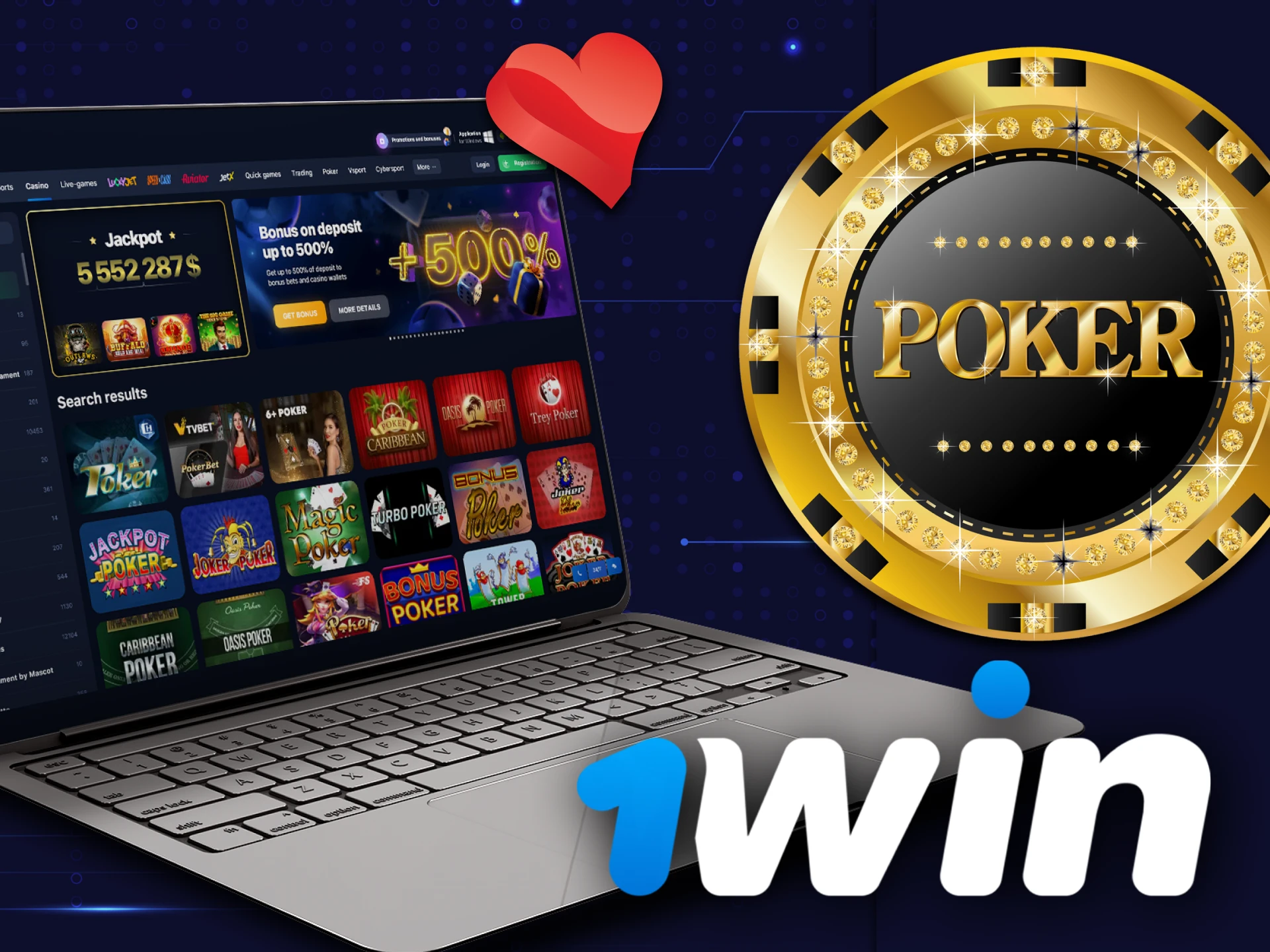 Play poker games in the 1win casino.