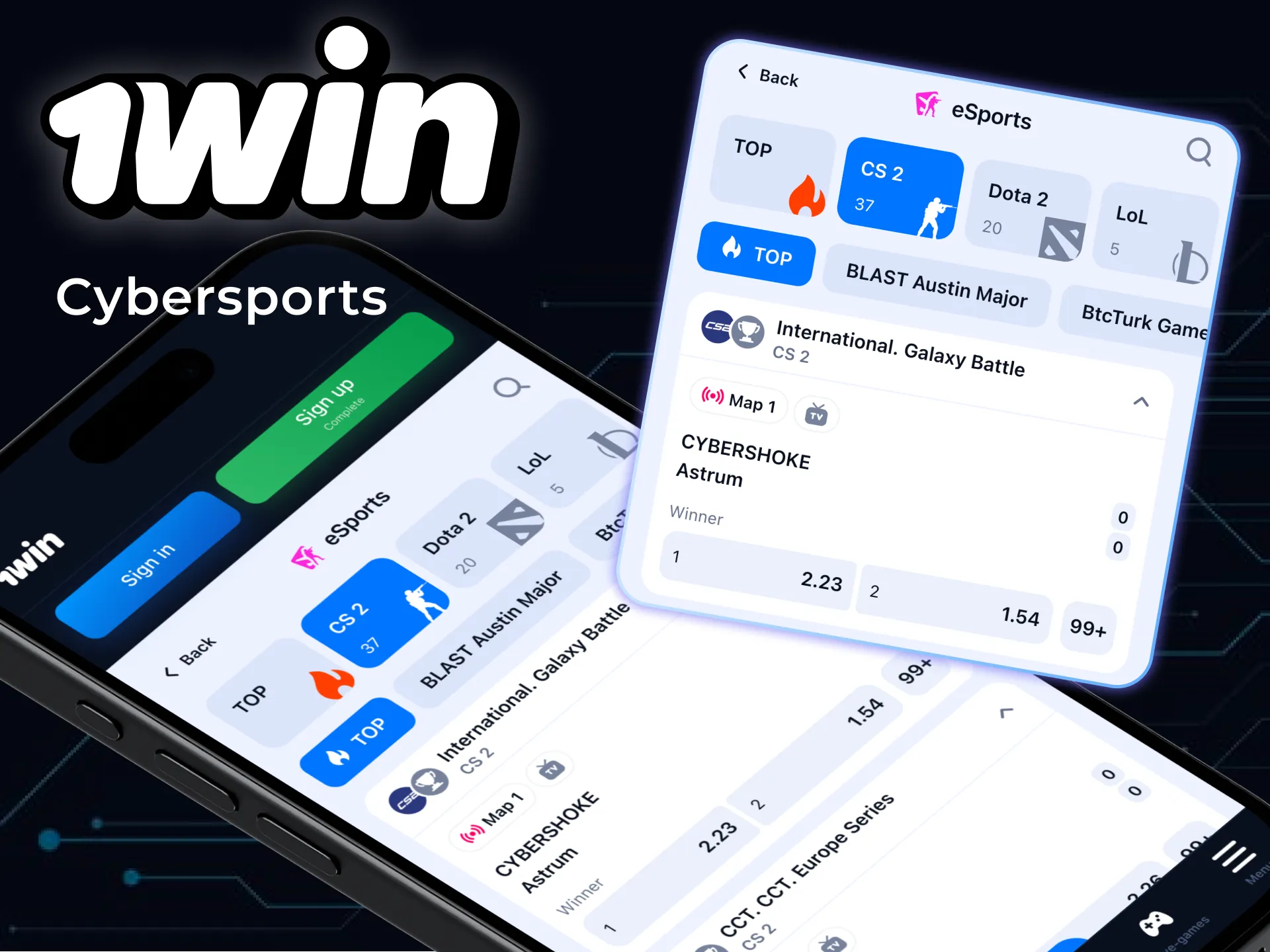 You can also bet on the cybersports disciplines in the 1win app.