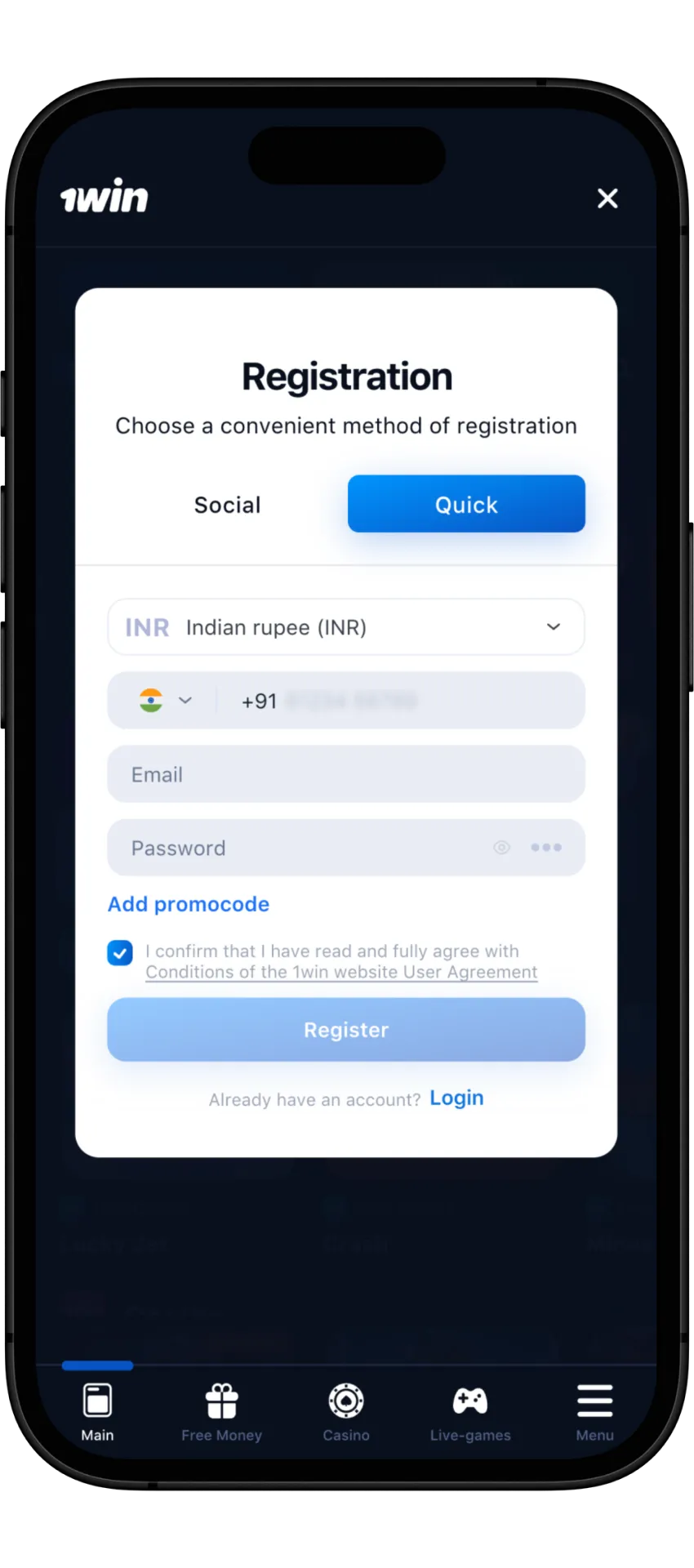 Before installing the app, create an account on the 1win website.