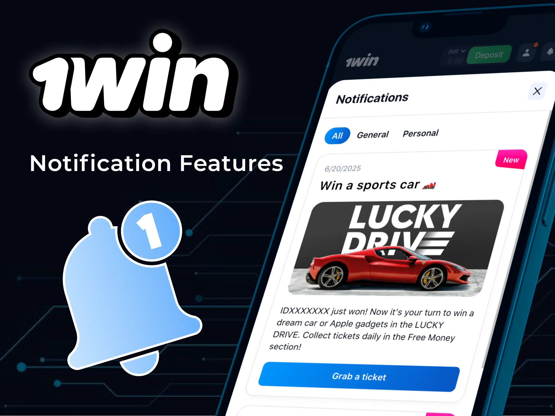 Get notifications from the 1win app to stay updated on events.