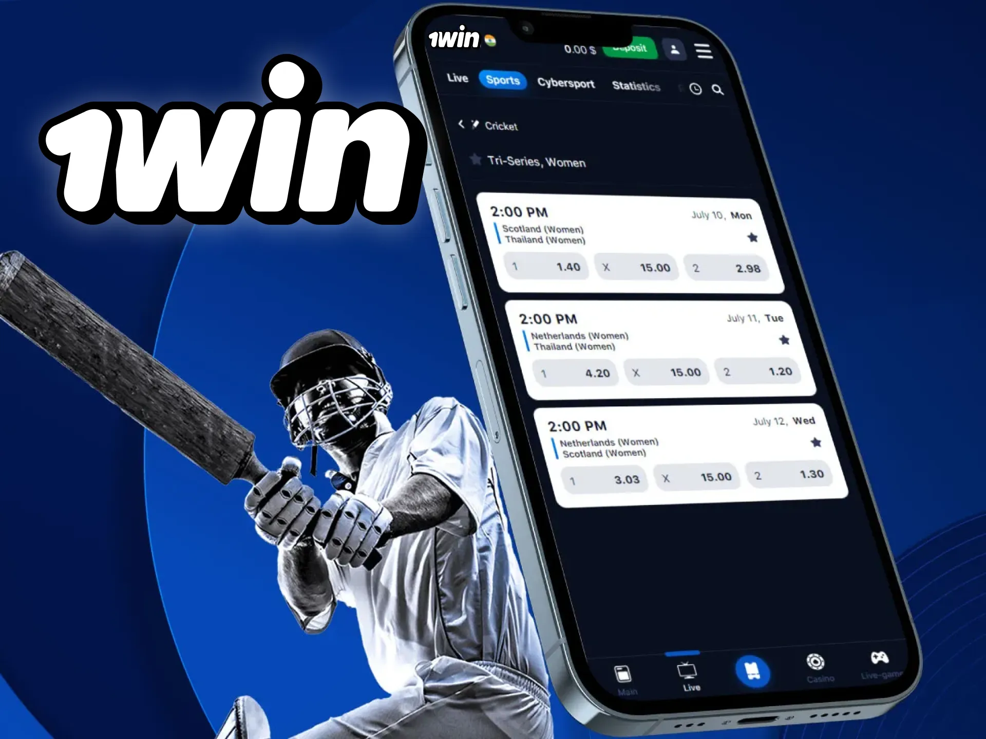 Install the 1win app on you smatphone to place bets on cricket whenever you want.