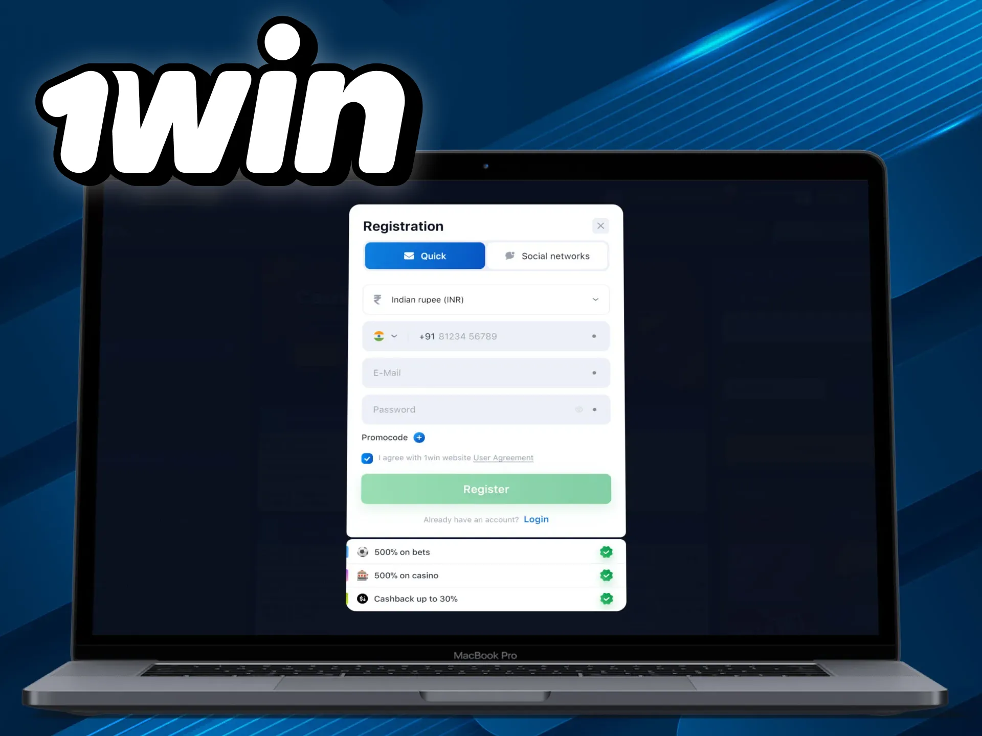 Sign up for 1win first.