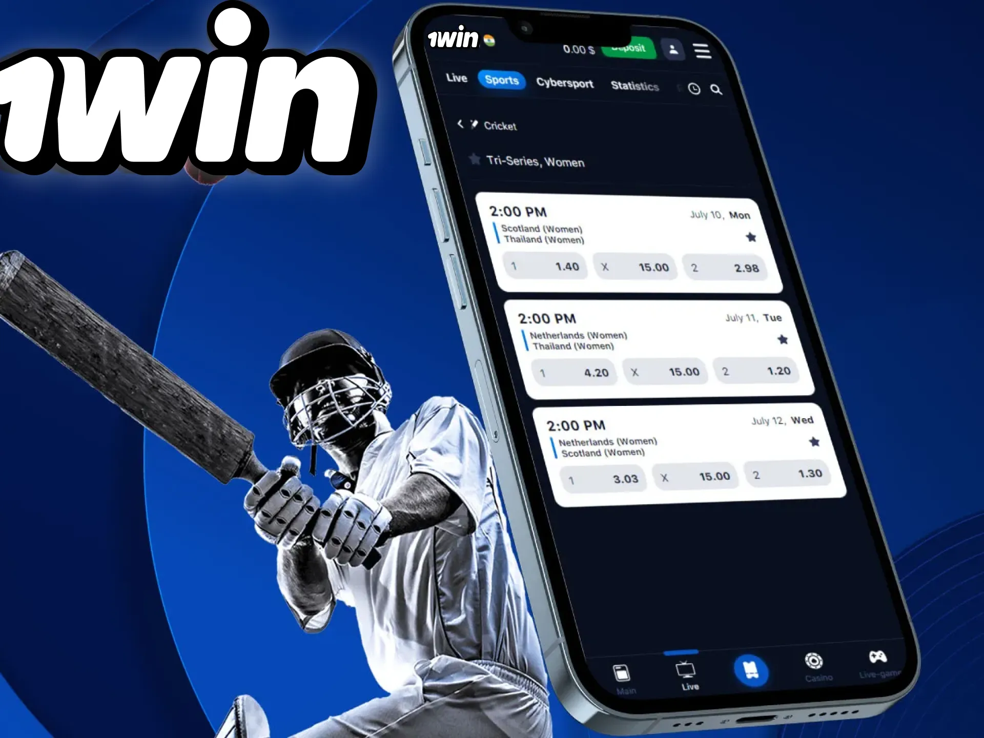 Install the 1win app on you smatphone to place bets on cricket whenever you want.