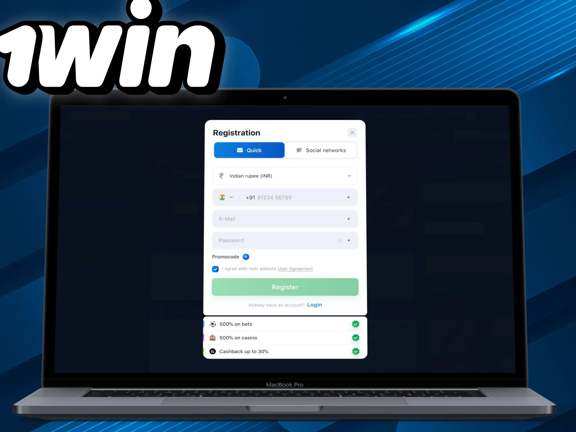 Sign up for 1win first.