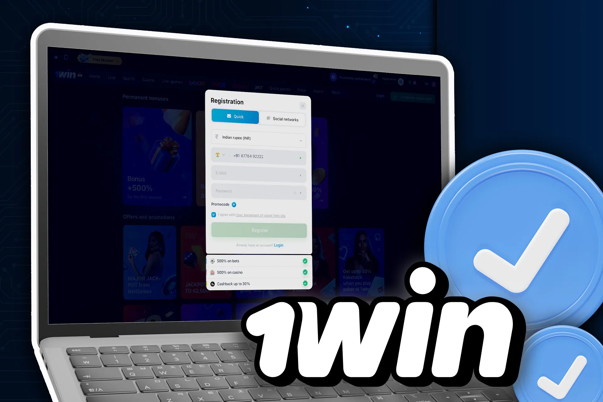 SIgn up for 1win if you don't have an account yet.