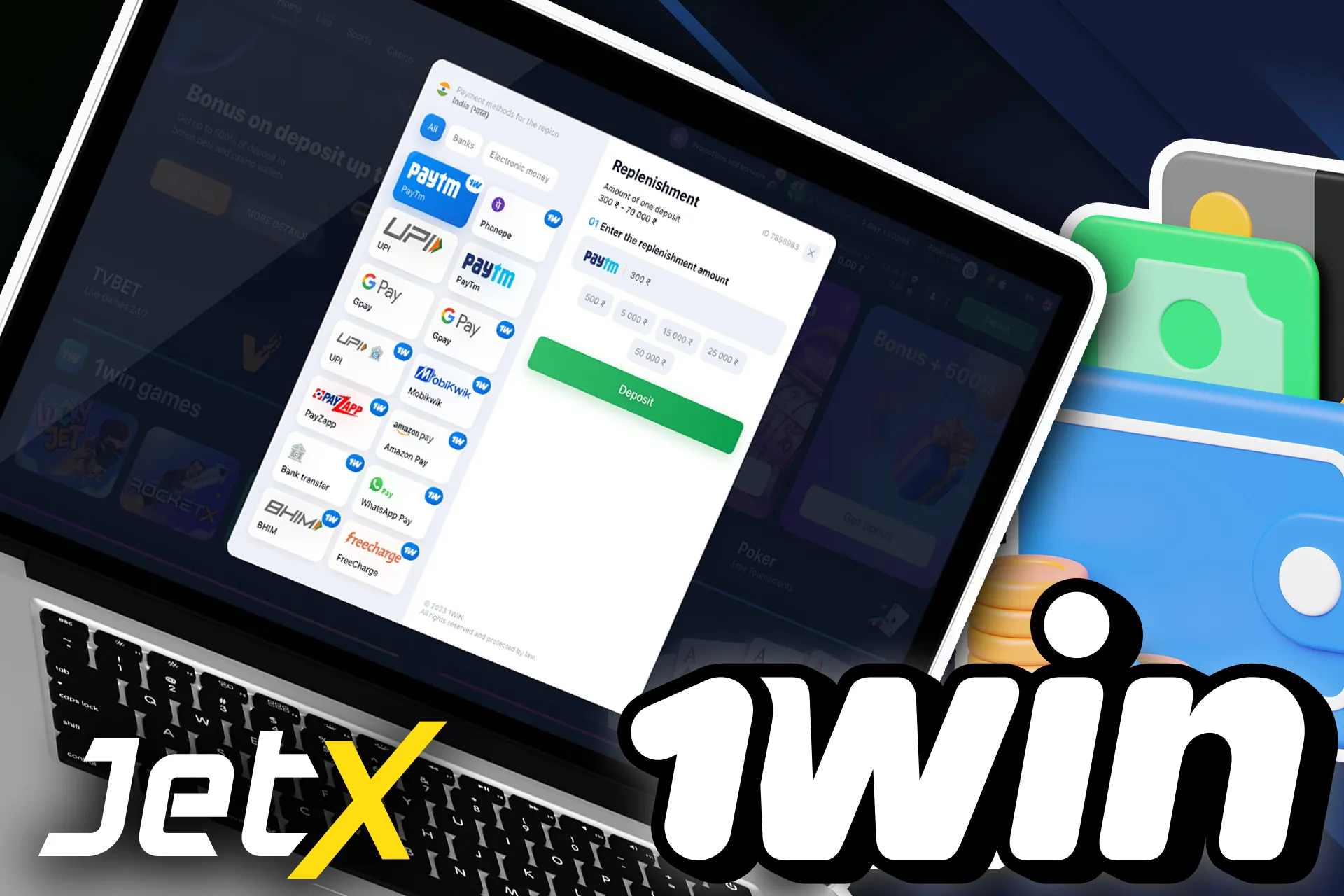 Go to the 1win cashier to deposit qyour account and play Jet X.