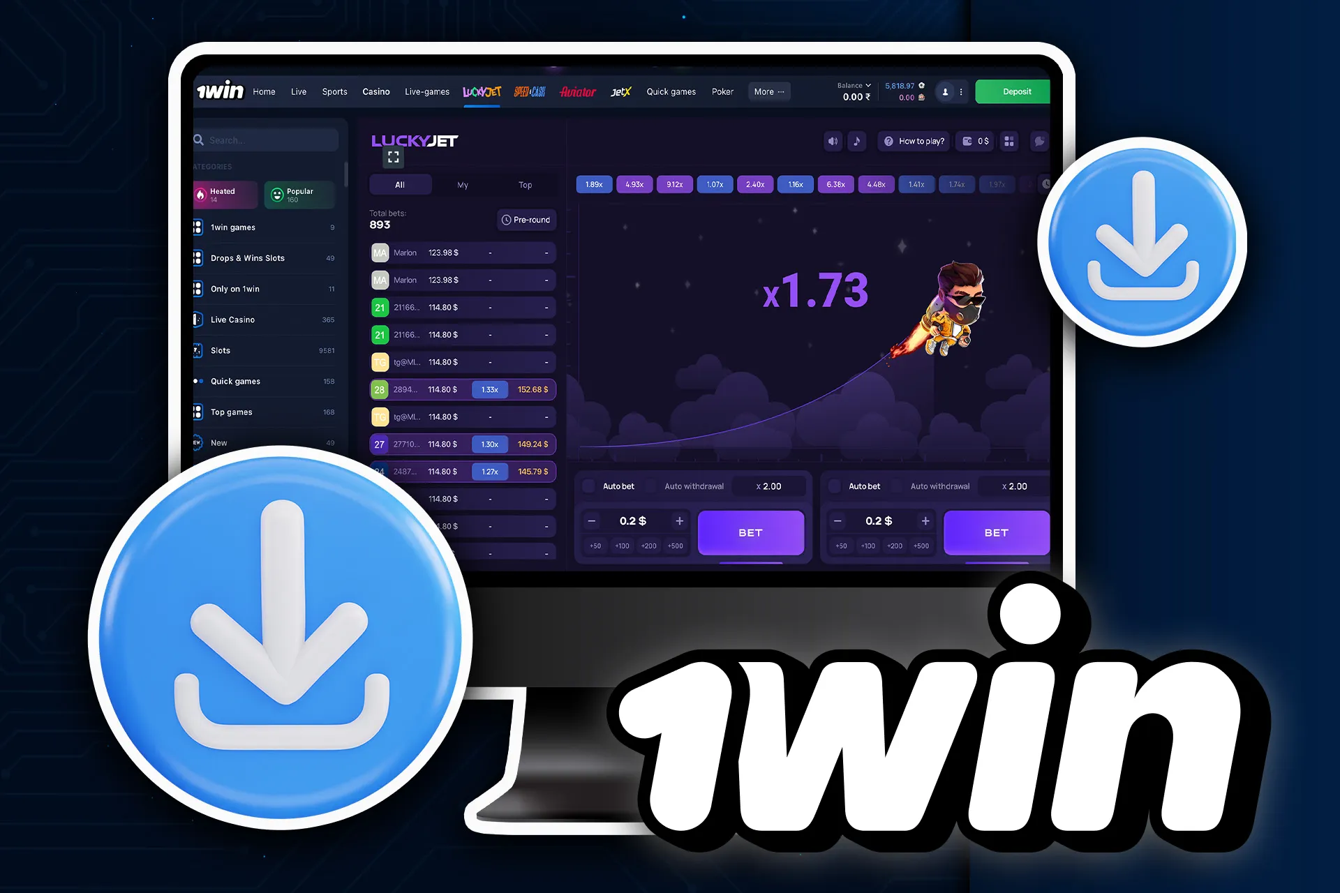 Download the 1win app on your PC or laptop and start playing Lucky Jet.