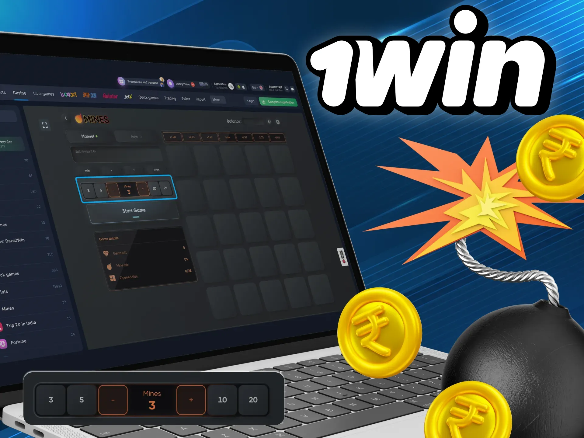 Specify how many mines will be on the field in mines games in the 1win online casino.