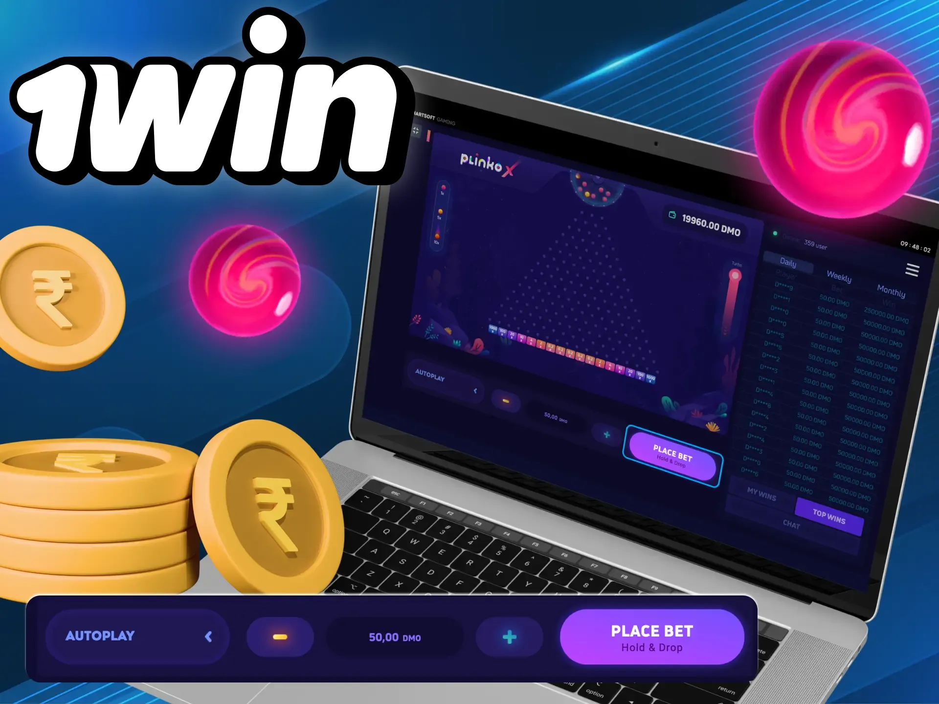 Place bets in the plinko game to win at the 1win online casino.