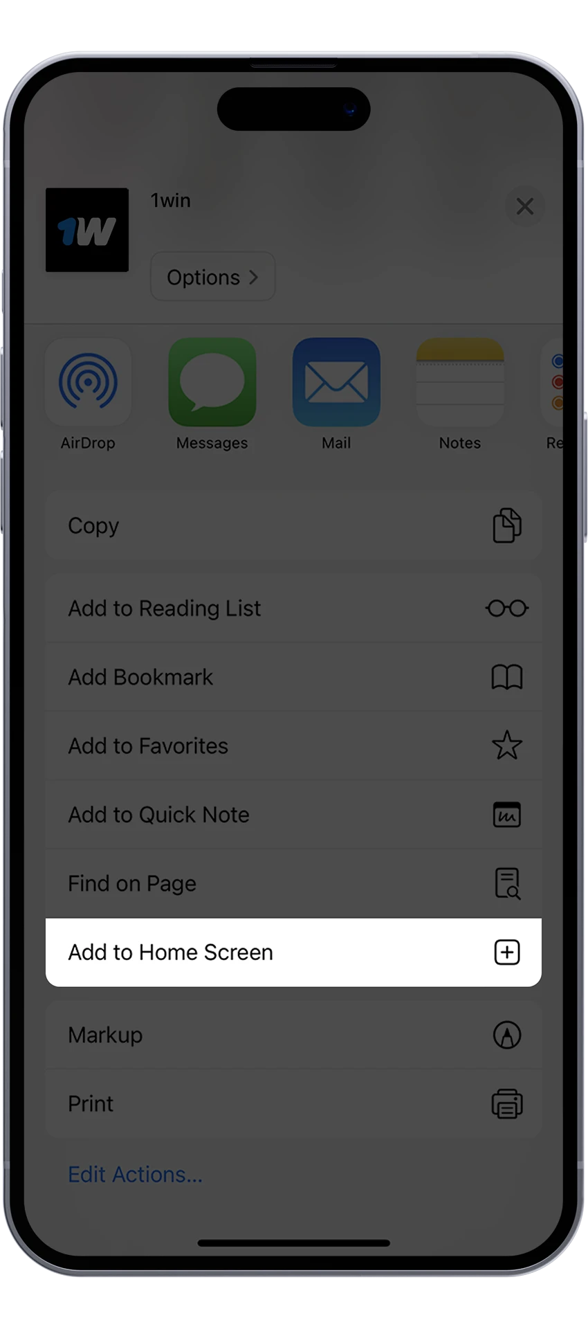 Add the 1win shortcut to the home screen of your iOS device.