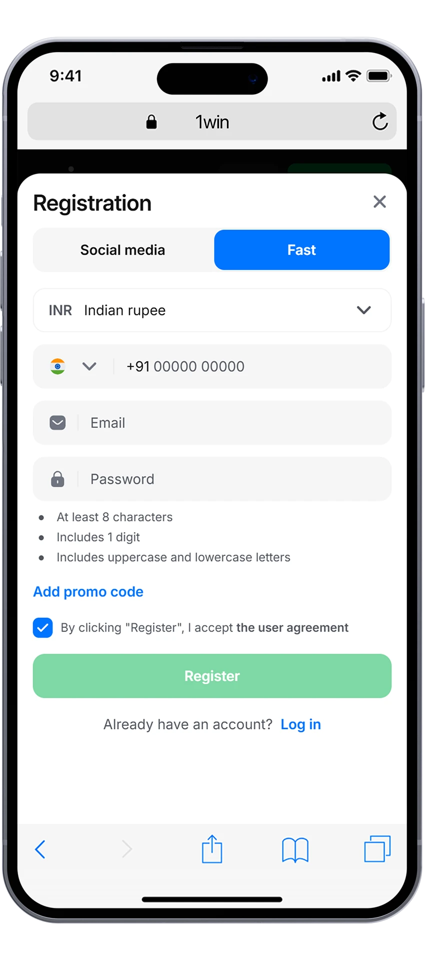Before installing the app, create an account on the 1win website.