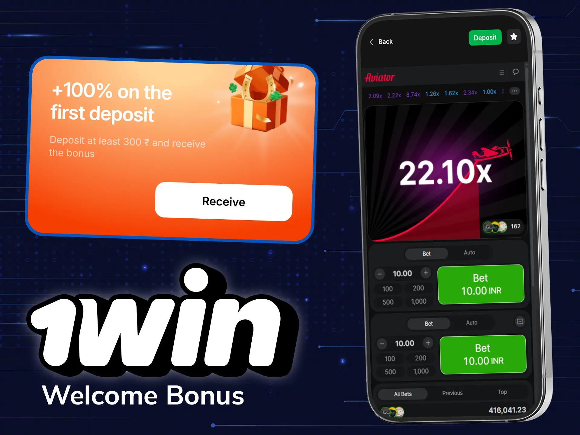 Deposit your 1win account to get a welcome bonus of 500% on Aviator.