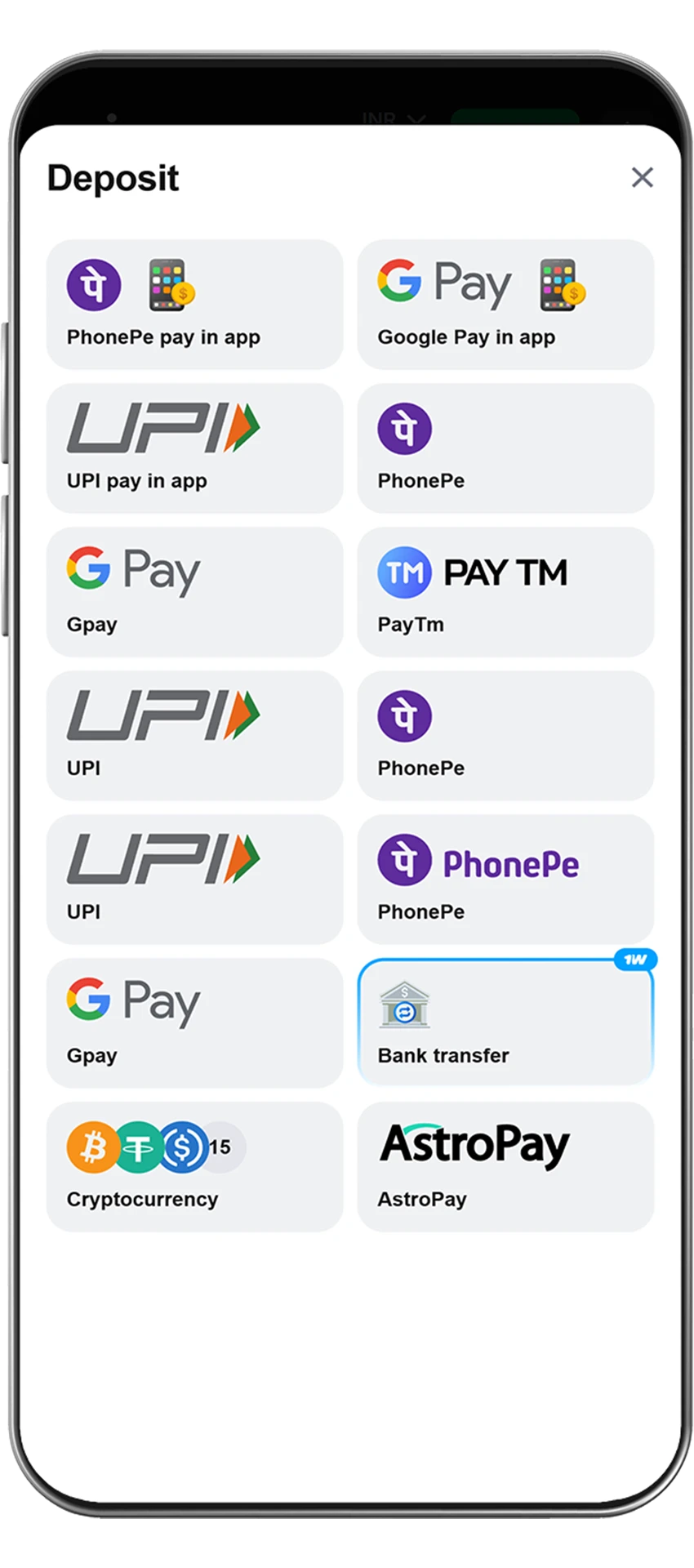 Easy steps to select a payment method for deposit at 1Win casino.