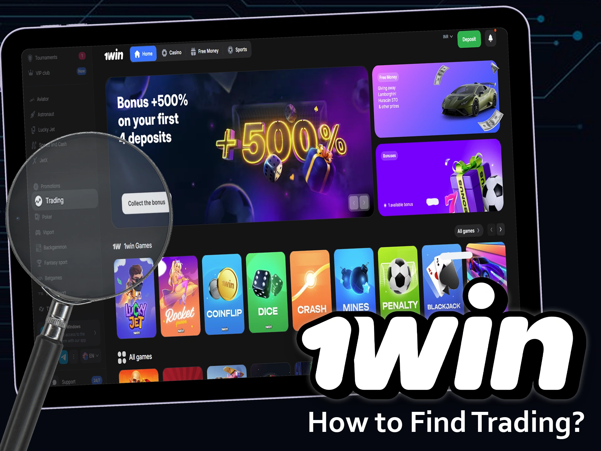 Find the trading section in the left menu of the 1win website.