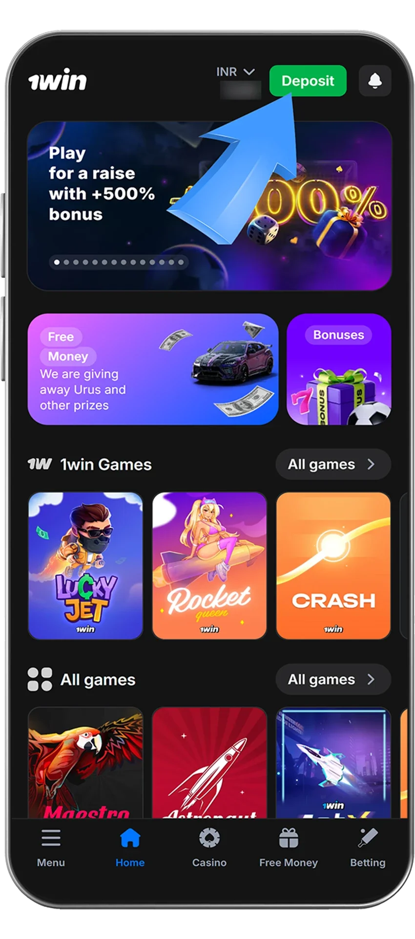 Deposit section at 1win