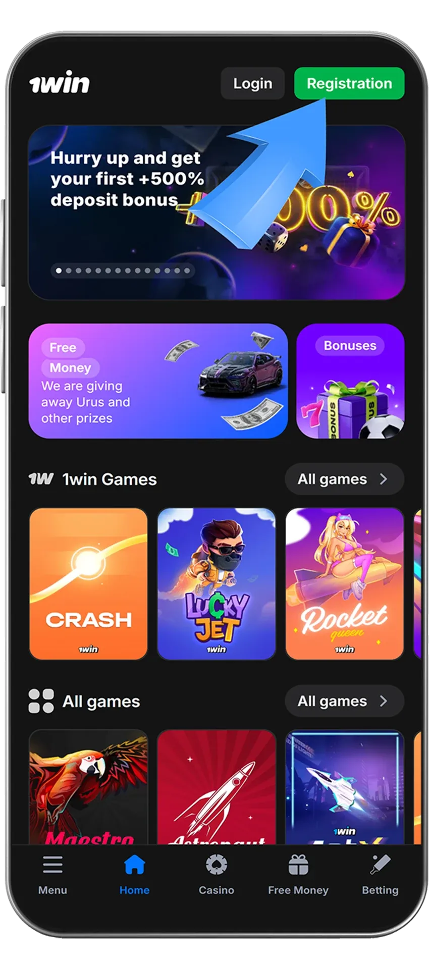 Sign-up page on the 1win website