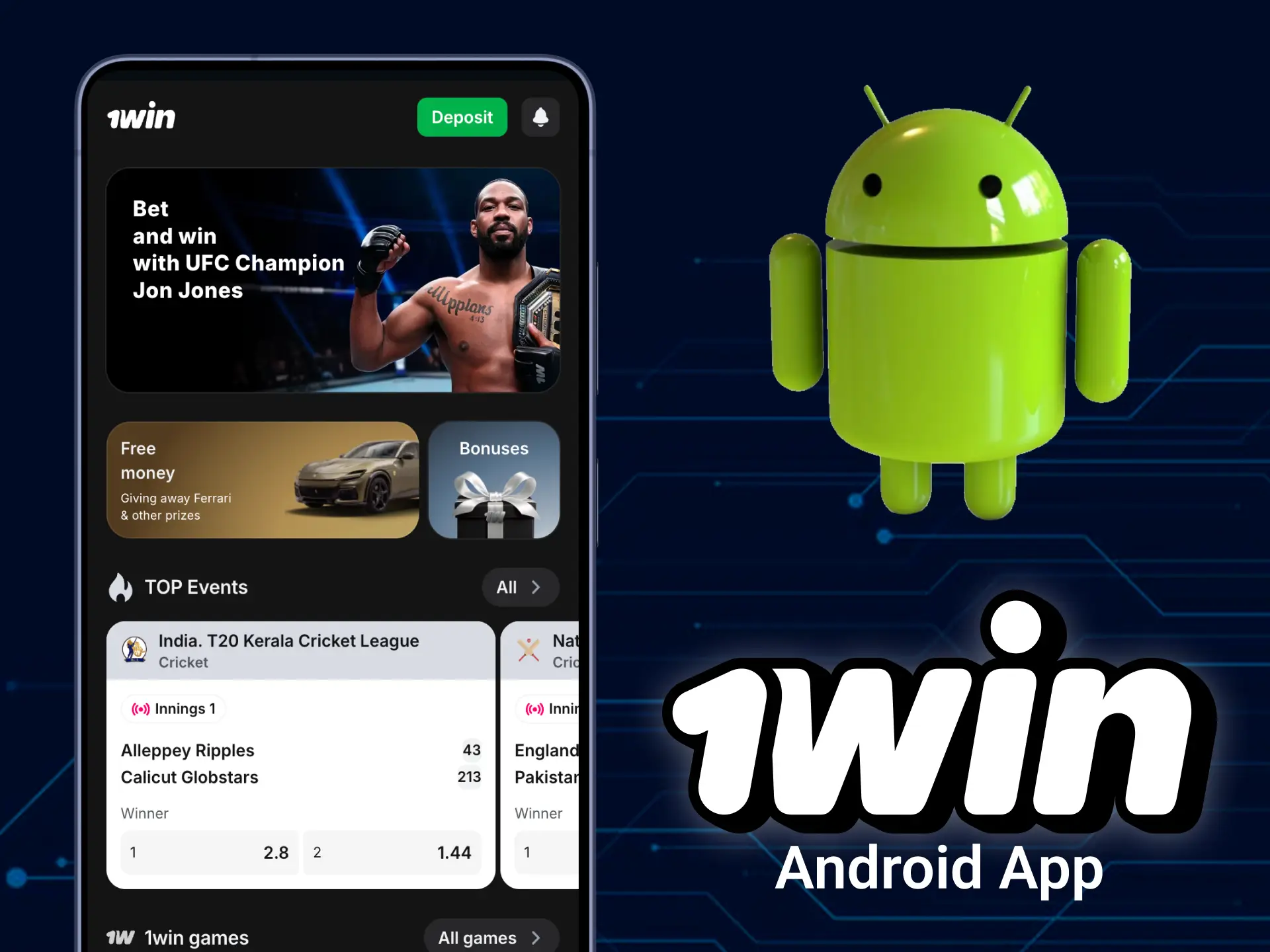 Install the official Android APK to play on 1win casino.