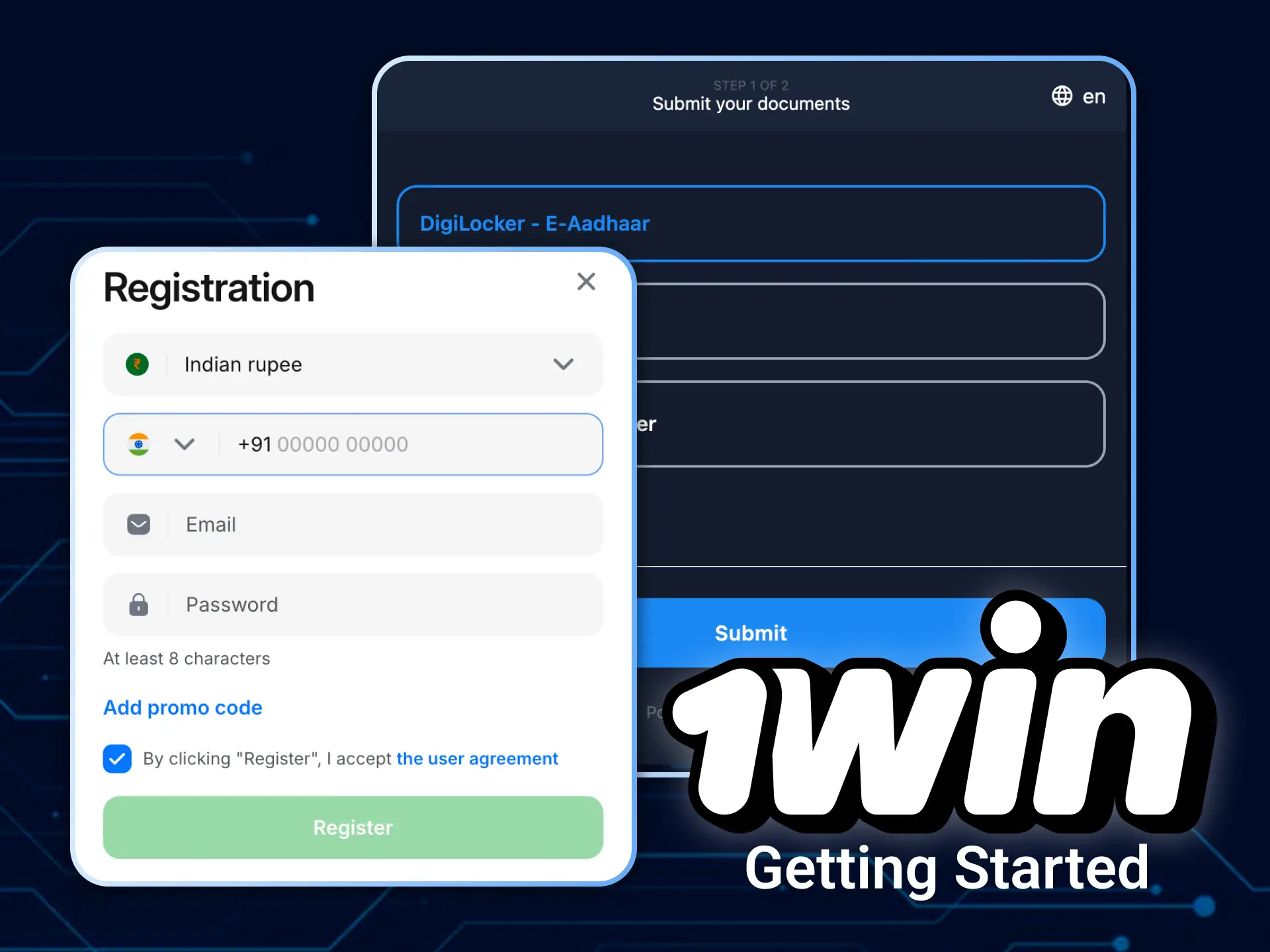 Complete your registration and account verification on 1win casino.