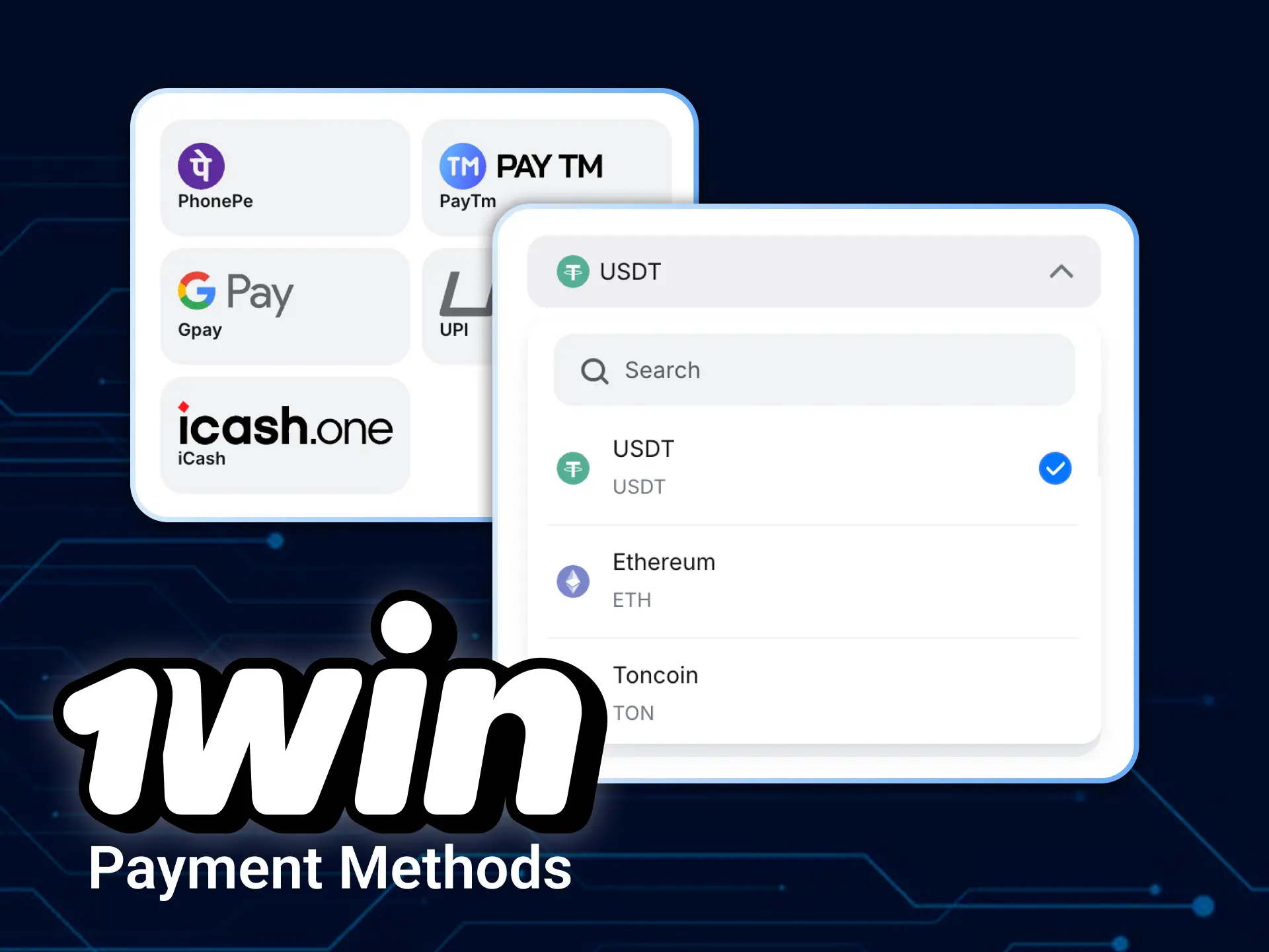Choose convenient local or crypto payment methods at 1win casino.
