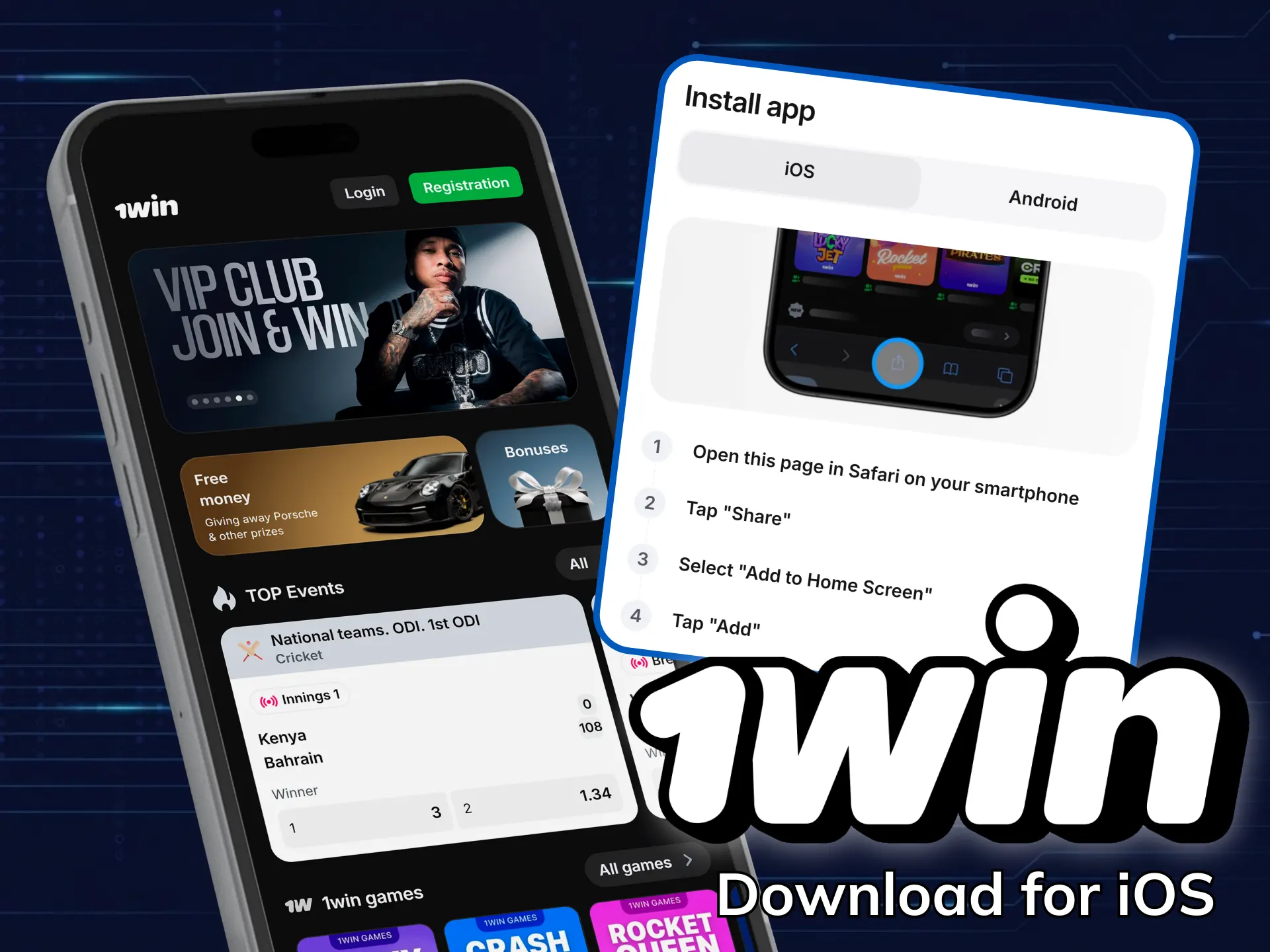 Install the official 1win mobile application for Apple iOS devices.