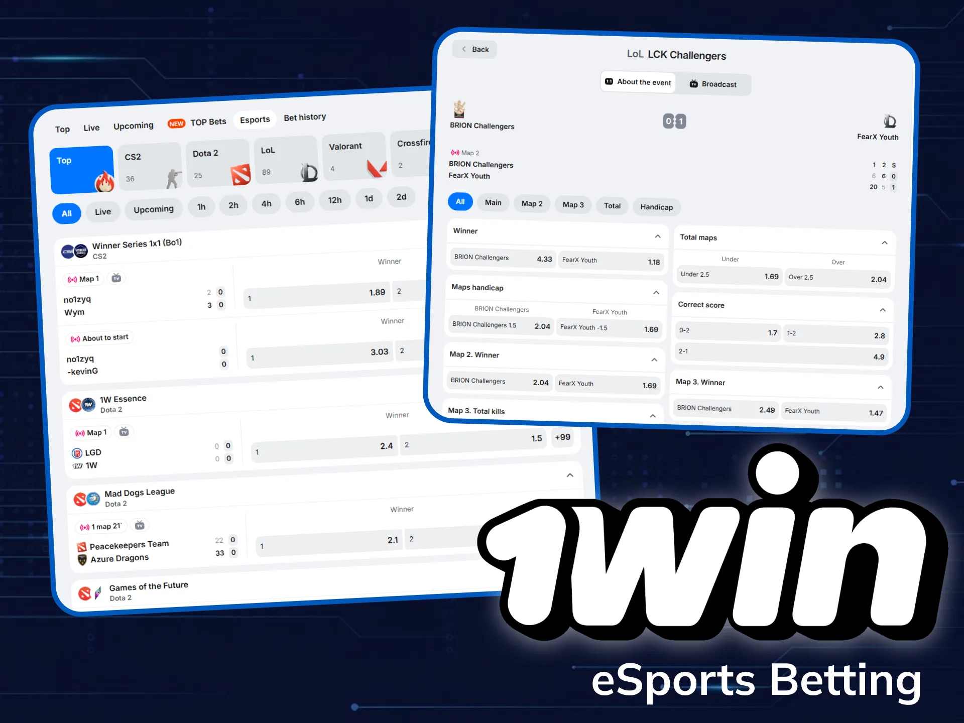 Bet on popular eSports tournaments live at 1win.