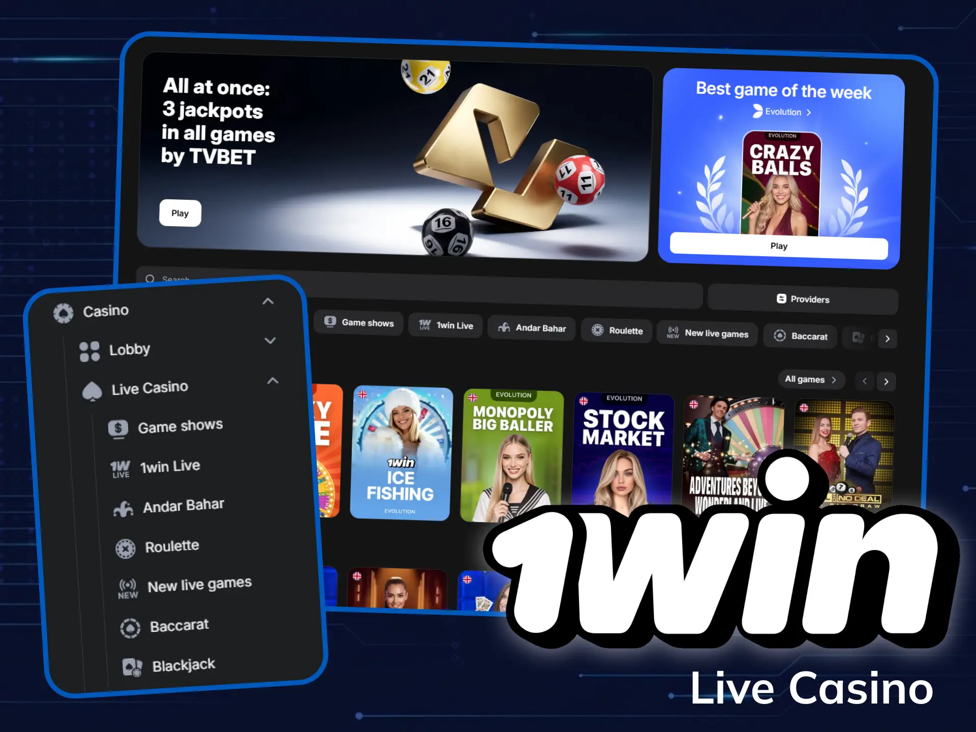 Join real dealers and play live casino titles at 1win.